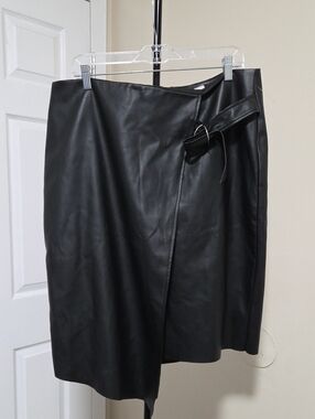 Addition Elle Black Faux Leather Wrap Skirt with Buckle Plus Size